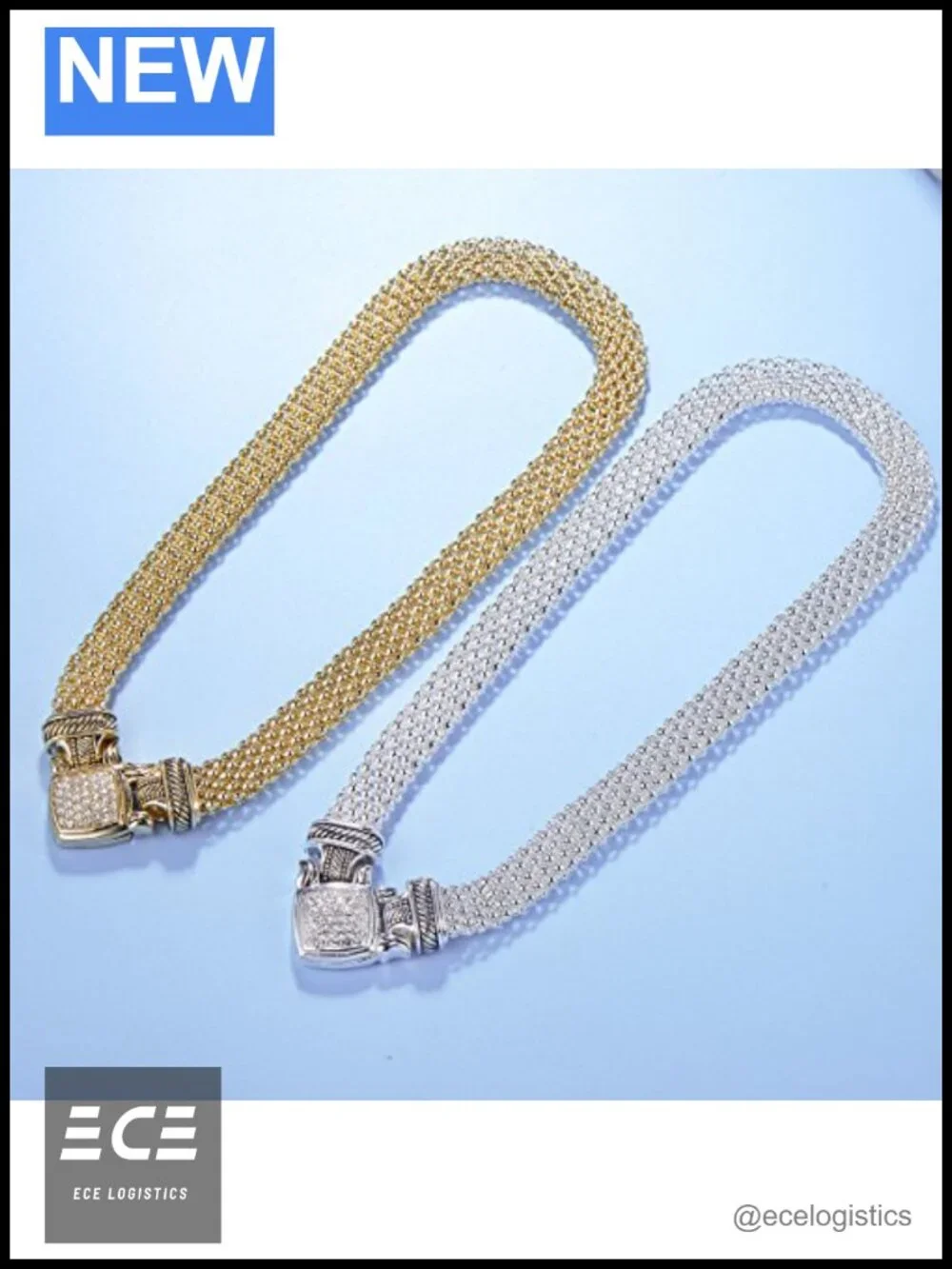 Pave Crystal Bracelet Necklace Set Cable Chain Magnetic Clasp